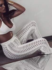 Summer New Women's Solid Color Summer Beach Hollow Out Tie Front Cover Up White Flared Pants,Without Bikini Pants