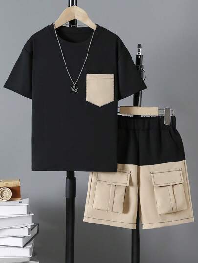 2 件套男童休闲日常时尚撞色口袋短袖 T 恤和撞色拼布工装短裤套装，春夏