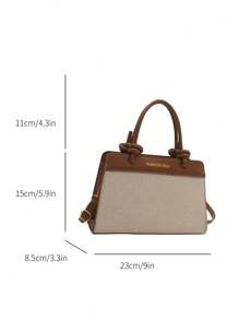 1pc Brown Color Block Pu Leather Women's Handbag, Fashionable Minimalist Square Tote