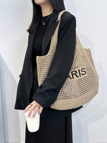 大容量镂空针织手提包，女士镂空手提包，巴黎字母图案镂空手提包，女士手提包，单肩包，沙滩钱包，夏季、度假和日常使用的完美之选，假日必备，旅行必备，优雅复古黑色，母亲节礼物，钱包必备，教师节礼物，学习用品，沙滩包 - 卡其色 - 查看 6
