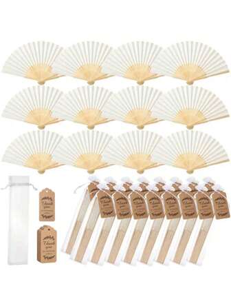 60/15/6/3pcs Wedding Paper Folding Fan Gift Set, Hand-Held Folding Fans With Thank You Cards, Tags And Organza Bags, Wedding Favors, Wedding Table Centerpieces, Bridal Party Photo Props, Wedding Gifts, Suitable For Wedding Celebrations, Birthday Parties, Bridal Showers, Home Decor, Bridal Shower Decorations