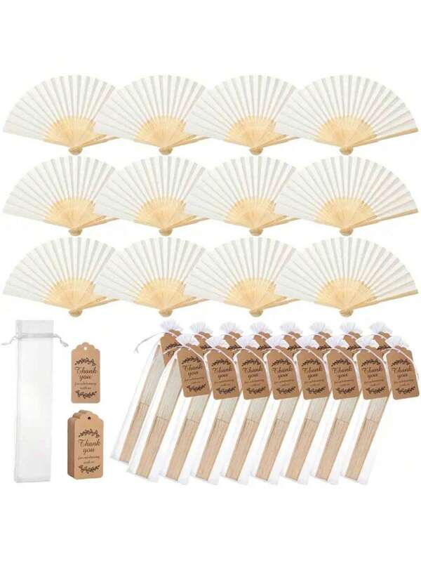 60/15/6/3pcs Wedding Paper Folding Fan Gift Set, Hand-Held Folding Fans With Thank You Cards, Tags And Organza Bags, Wedding Favors, Wedding Table Centerpieces, Bridal Party Photo Props, Wedding Gifts, Suitable For Wedding Celebrations, Birthday Parties, Bridal Showers, Home Decor, Bridal Shower Decorations