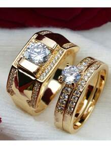 奢华经典情侣戒指套装，女士方晶锆石戒指和男士派对订婚结婚珠宝，情人节礼物