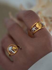 Frminee 1pc/2pcs Summer Retro Shell Starfish Coconut Tree 18k Gold Stainless Steel Ring, Suitable For Daily Vacation Party Wear, Spring And Summer Beach Wear, Waterproof - Multicolor - View 1