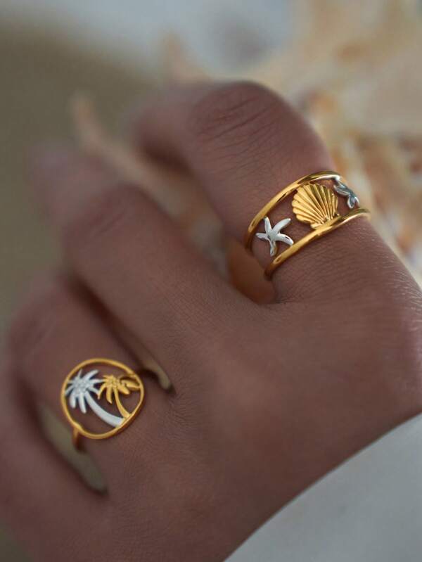 Frminee 1pc/2pcs Summer Retro Shell Starfish Coconut Tree 18k Gold Stainless Steel Ring, Suitable For Daily Vacation Party Wear, Spring And Summer Beach Wear, Waterproof