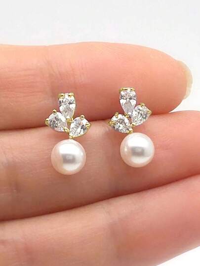 1 Pair Teen Fashion Cubic Zirconia & Faux Pearl Stud Earrings For Girls Gifts For Daily Decoration For Party Jewelry Birthday Gift