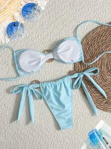 New Solid Color Bikini Swimwear With Shell Decor, Two Pieces Swimwear For Beach Holiday, Sexy - Baby Blue - View 2