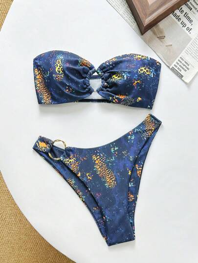 Set di bikini stampato sexy da donna, design senza spalline, adatto per le vacanze