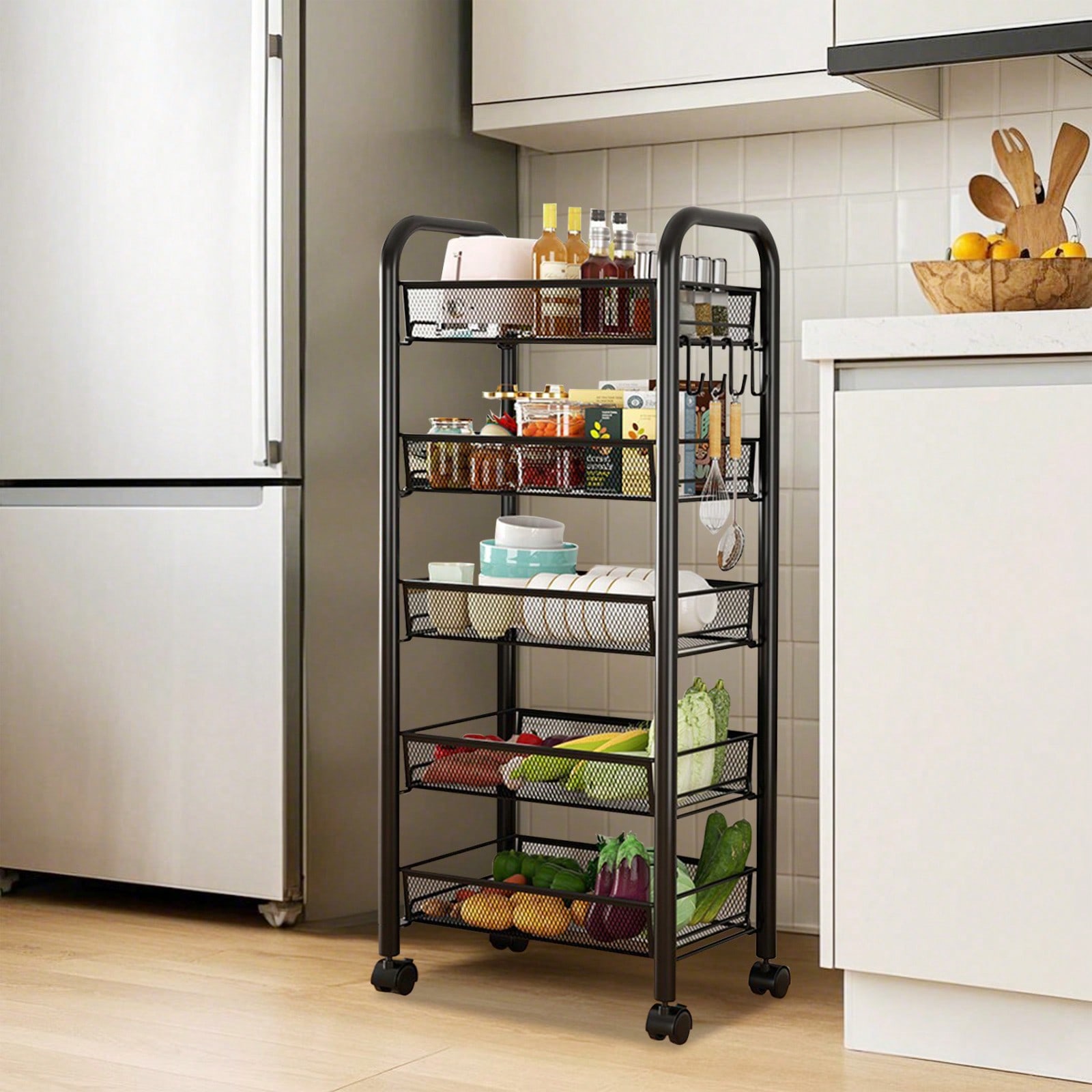 5 Layers Kitchen Rack Household Floor-Standing Multi-Layer Storage Rack Movable Trolley Storage Rack Metal Vegetable Basket