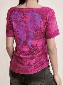 Cyber Y2K Women Fashion Street Goth Style Graphic Print Asymmetrical Asymmetrical Neck Slim Fit Short Sleeve T-Shirt - Hot Pink - View 2