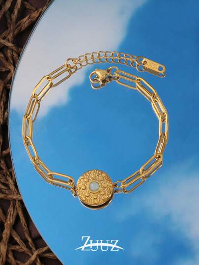 1 pieza Brazalete vintage de acero inoxidable, brazalete de mujer con colgante de piedra natural redonda, accesorio decorativo diario