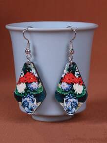 1 Pair Vintage Style Double-Sided Painting Wooden Geometric Earrings, Suitable For Everyday Wear And Vacation