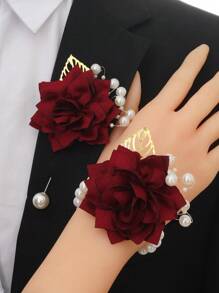 1pc Chest Flower + 1pc Wristband Flower Set, Unisex Navy Blue Camellia Flower With Gold Leaf & Bead Decor, Groom/Groomsman/Bridesmaid Corsage, Wedding, Party, Daily Wear Bracelet