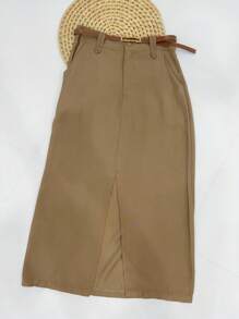 Midi Skirt With Belt High Waist Slit - Mocha Brown - View 4