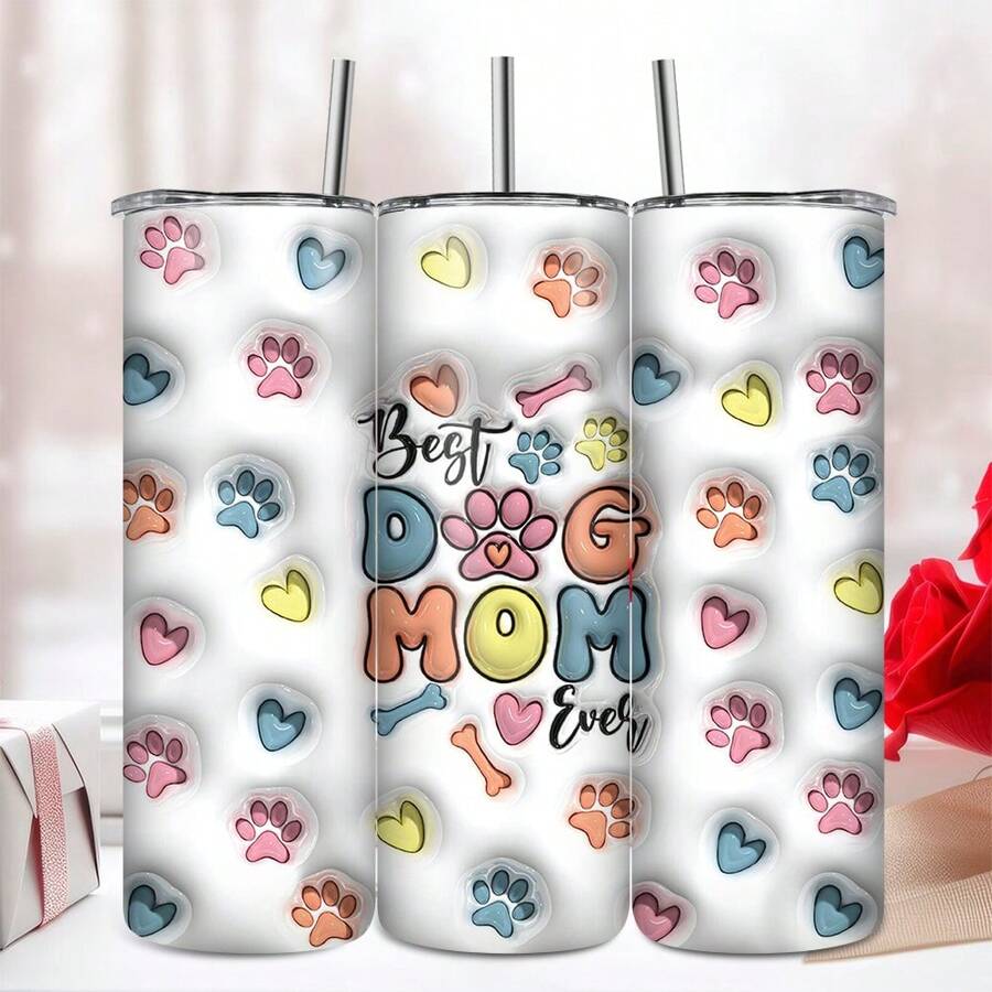 bablov 1 件 20oz 理想容量，“狗妈妈”印花，宠物主题 3D 立体视觉设计，不锈钢直管杯，随行杯，附赠不锈钢吸管和吸管刷，送给狗主人的礼物，适用于各种场景