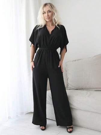 Plus Size Women's Summer V-Neck, Casual Commuting, Loose Fit, Backless Tie Sexy Jumpsuit
