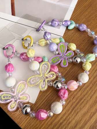 1pc Tulip Flower Mobile Phone Lanyard Graffiti Butterfly Pendant Ice Cream Colored Bead Short Wrist Chain Compatible With IPhone And Phone Case Accessories Gifts For Mother, Family, Friends, Birthday, Holiday Phone Charm, Phone Chain