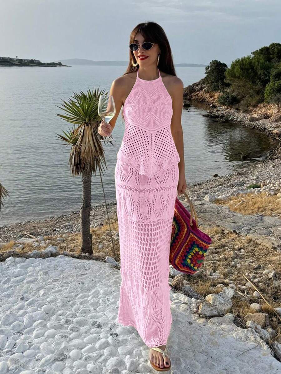 FOR BEAUTY Women 2 Pieces Outfits Set For Spring And Summer, Pink Lace Up Hanging Collar, Backless Knitted Vest Top&Hip Hugging Skirt, Hollowed Out Elegant, Music Festival,Honeymoon Wedding Season Vacation Style, Thin Sweater Fashion Women's Sets - Pink - View 1