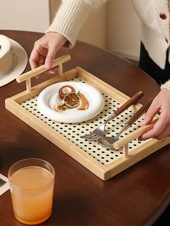 1 pièce Plateau vintage en bois décoratif de haute qualité de forme rectangulaire pour le service de thé/collations, panier de rangement de table de maison avec poignée