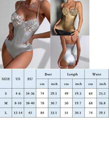 Women's Sparkly Sequin Leotard Rompers Deep V Neck Spaghetti Strap Backless Bodysuit Party Jumpsuit - Yellow - View 6