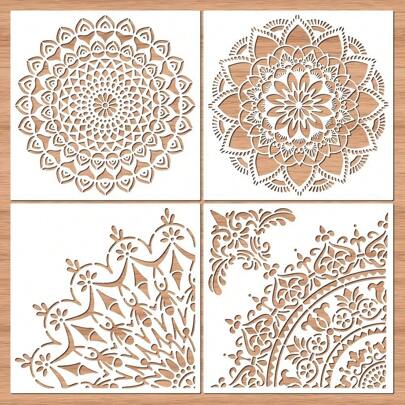4 件套奶油白色塑料曼陀罗模板套装，11.8 英寸可重复使用花卉图案，适用于 DIY 工艺品、木材、墙壁、家具、织物、玻璃、帆布、地板、瓷砖上的绘画 - 家居装饰绘图模板