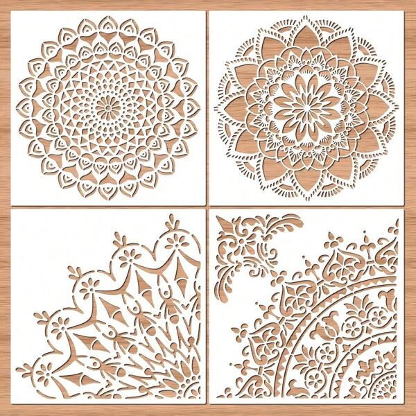 Set de 4 piezas de plantillas de plástico de mandala de color blanco crema de 11.8", patrones florales reutilizables para manualidades DIY, pintura en madera, pared, muebles, tela, vidrio, lienzo, piso, azulejos - plantillas de dibujo para decoración del hogar