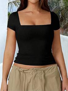 Plus Size Women Y2K Style Square Neck Solid Color Short Sleeve T-Shirt - Black - View 3