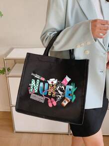 护士主题手提包，轻便购物袋，兼具便携旅行沙滩包和化妆包功能，配有听诊器、注射器图案印花设计，亚麻大容量手提包，手提包和化妆包套装