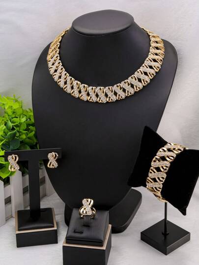 1 Set Dubai Style Women's 18K Gold Plated Crystal Jewelry Set, Including Necklace, African Bride Wedding Earrings, Ring, Bracelet And Other Accessories, Christmas Gift