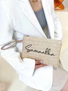 女士个性化手拿包，可定制姓名，个性化草编钱包，草编钱包，女士拉链手提包 - 优雅条纹卡其色手机袋，生日、周年纪念日、母亲节和感恩节的完美礼物