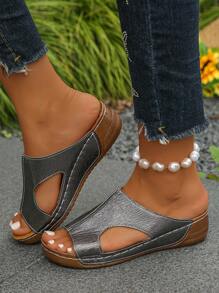 Plus Size Women's Summer New Fashion Grey Hollow Out Open Toe Platform Wedge Slide Sandals, Casual Comfortable Slip-On Vacation Beach Slippers - Grey - View 1