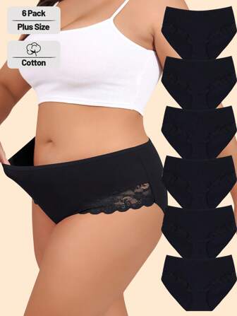 6条装黑色加大码棉质女士内裤 性感比基尼蕾丝低腰弹力全三角裤 0XL-4XL
