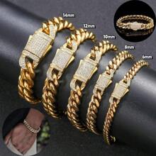 Miami Cuban Link Bracelet 18K  Gold Plated Hypoallergenic Premium Stainless Steel Hip Hop Jewelry For Men Women Father Day Birthday Gift (No Color Fade, Double-Sided Iced Out Clasp) - 金色 - 查看 2