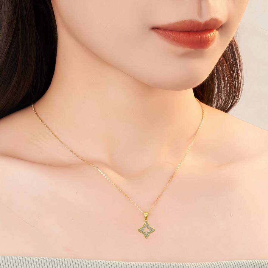 1pc 925 Sterling Silver Elegant Luxury Four Pointed Star Pendant Necklace, Sparkling Diamond Accents Showcase Luxurious Charm, Suitable For Women To Wear At Banquets, Holiday Gatherings - Yellow Gold - View 1