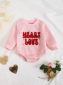 Baby Girl Letter Embroidered Red & Pink Romper, Cute , Must-Have For Babies Aged 0-2 Years Old