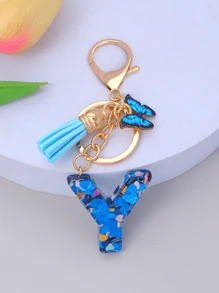 1pc Women's Initial Letter Black Butterfly Glitter Crystal Resin Epoxy Keychain With Butterfly Tassel Decor