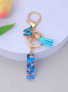 1pc Women's Initial Letter Black Butterfly Glitter Crystal Resin Epoxy Keychain With Butterfly Tassel Decor