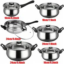 12pcs Stainless Steel Pot With Handle Set, Soup Pot, Milk Pot, Frying Pan, Kitchen Cooking Utensils, Kitchen Utensils, Pot Set - Black - View 3