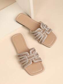 2025 春、夏、秋、冬 宽版型 闪亮亮脚趾 舒适透气 穿孔镂空 双色水晶镶嵌 全身星星 多功能奢华婚礼派对活动 高端时尚性感可爱简约 适合居家、休闲、户外、海滩、浪漫约会、度假 黑色女士平底凉鞋