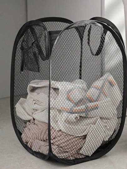 1 pieza Cesta plegable de lavandería de gran capacidad en color negro con asa y bolsillo lateral. Cesta de lavandería plegable y transpirable con diseño de malla, ahorradora de espacio, ideal para dormitorio, apartamento, liviana y fácil de transportar, con estructura de metal resistente, perfecta para la organización de la lavandería, para volver a la escuela.