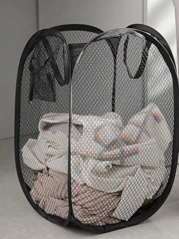 1pc Large Capacity Black Foldable Laundry Basket With Handle And Side Pocket Large Capacity Pop - Collapsible Laundry Basket, Breathable Mesh Design, Space Saving Laundry Sorter For Dorm, Apartment, Lightweight And Easy To Carry, Strong Metal Frame, Perfect For Laundry Organization.,For Back To School