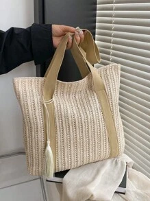 大容量编织草编沙滩包。女士纯色夏季假日手提包。新款时尚编织大容量手提包，简约别致编织手提包 - 卡其色 - 查看 9