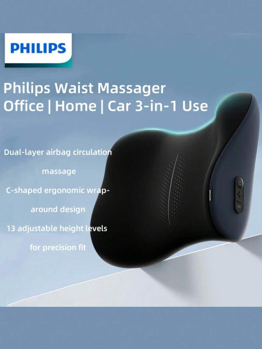 PHILIPS Waist Massager Office Home Car 3-In-1 Use-Blue 3D Airbag Pressure Massage Gentle Support And Hugging Lumbar Care C-Shaped Ergonomic Wrap- Around Design