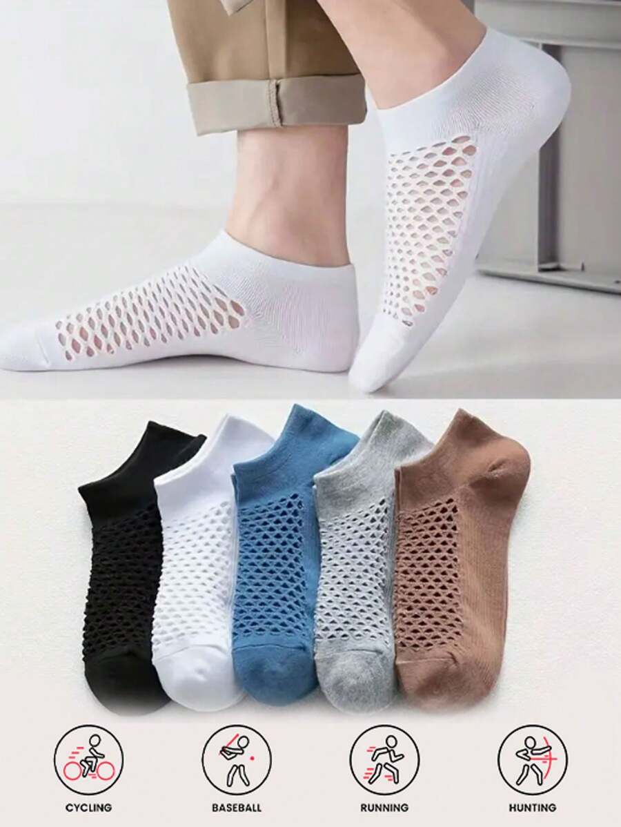 5 Pairs Men's Hollow Socks, Thin Casual Loafer Socks, Solid Color Breathable Light-Color Invisible Socks, Summer Mesh Sports Socks For Men - Multicolor - View 1