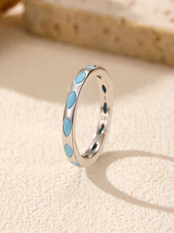 MODIAN Anillo de moda de plata de ley 925 con turquesa simulada en un diseño retro rombico, anillo apilable de eternidad para mujer