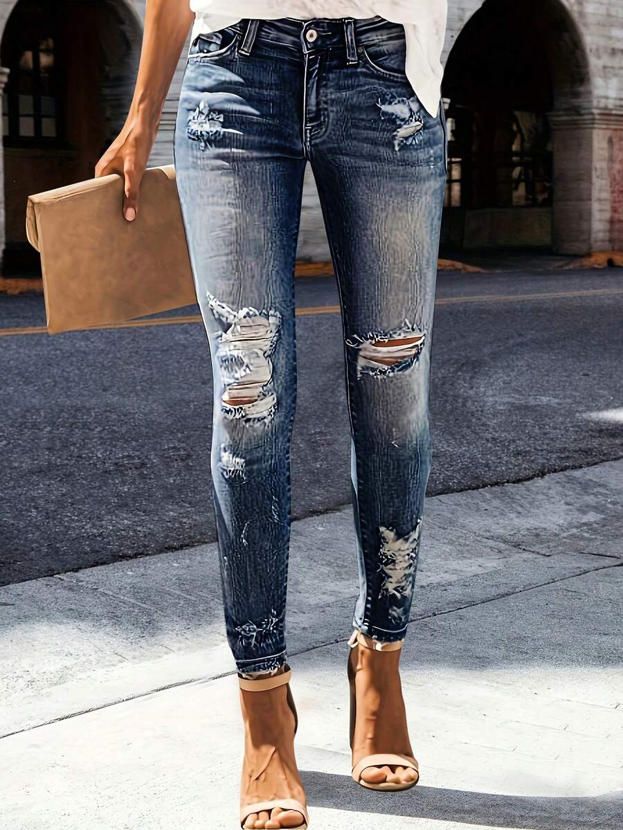 Women's Pocket Detail Distressed Skinny Casual Versatile Jeans