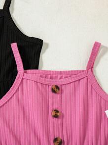 Conjunto de 3 piezas para niñas jóvenes: Camisola y shorts con estampado de flores en color liso acanalado - Rosa Fucsia - Ver 11