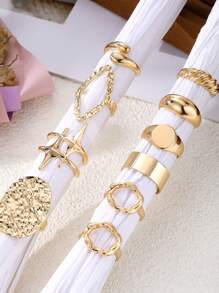 10 Pairs Fashion Unique Metal Asymmetrical Exaggerated Design Rings Set, Elegant & Versatile For Daily Wear, Women