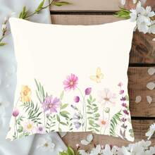 Juego de 4 fundas de almohada con estampado de flores silvestres, plantas verdes silvestres y mariposas voladoras con flores coloridas en un borde horizontal acuarelado de verano y primavera. Decoración perfecta para tu sofá, hogar, habitación, oficina, sala de estar y embellecimiento del sofá (sin relleno de almohada) con impresión unilateral.