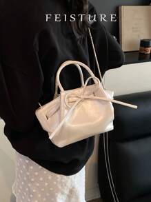 1 pieza Bolso de mano tipo cesta pequeño, nuevo diseño de lazo y forma de empanadilla para mujer primavera-verano, con cierre magnético y correa para el hombro larga, adecuado para niñas, damas, estudiantes universitarias y trabajadoras de oficina, excelente para el trabajo, los negocios, ir y venir del colegio